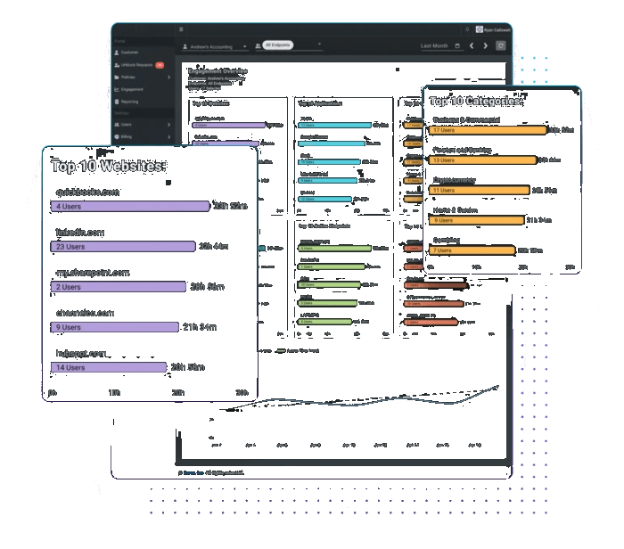 Layer 3 DNS Guard reporting dashboard showing top websites, categories, and active time trends